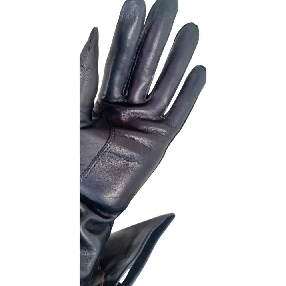 Vintage Made in Italy Dark Blue Leather Gloves with 100% Silk Lining, Size 7